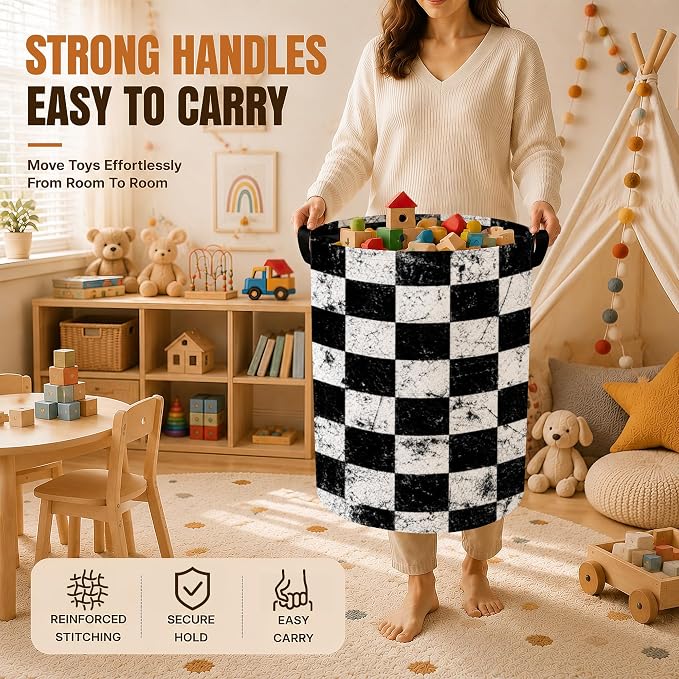 Black White Checkered Foldable Laundry Basket with Handles,Vintage Oxford Clothes Hamper, Portable Laundry Room Decor Storage Basket for Bedroom Bathroom Dorm,20.8x16 Inch - Image 4