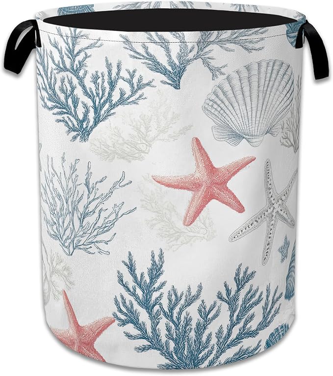 Seashell Starfish Ocean Laundry Basket Collapsible Laundry Hamper with Handle, Oxford Clothes Storage Bin for Bathroom Bedroom Room Decor 16" X 20.8" by NSMNSM