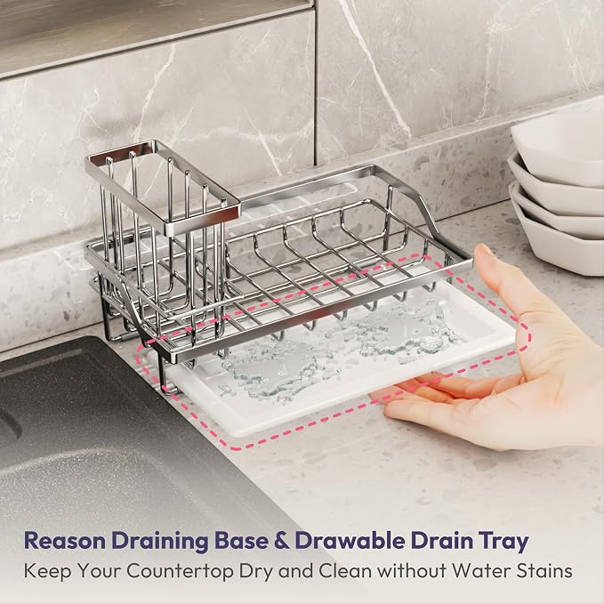 SWTYMIKI Multifunctional Kitchen Sink Caddy - Large Sponge Holder for Kitchen Sink with Removable Brush Holder + Drip Tray, Silver - Image 5
