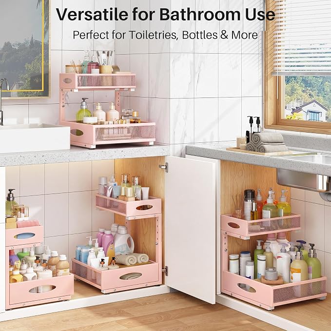 Under Sink Organizer, 2 Tier Pull Out Under Cabinet Organizer Shelf with Pad for Framed Cabinets, Metal Slide Out Under Sink Storage, Mesh Sliding Drawers for Kitchen Bathroom Laundry(Pink, 1 Pack) - Image 9