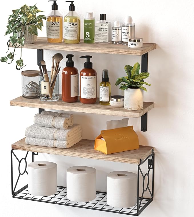 Amada Bathroom Shelves with Storage Basket, Set of 3, Natural Wood by AMADAHOMEFURNISHING