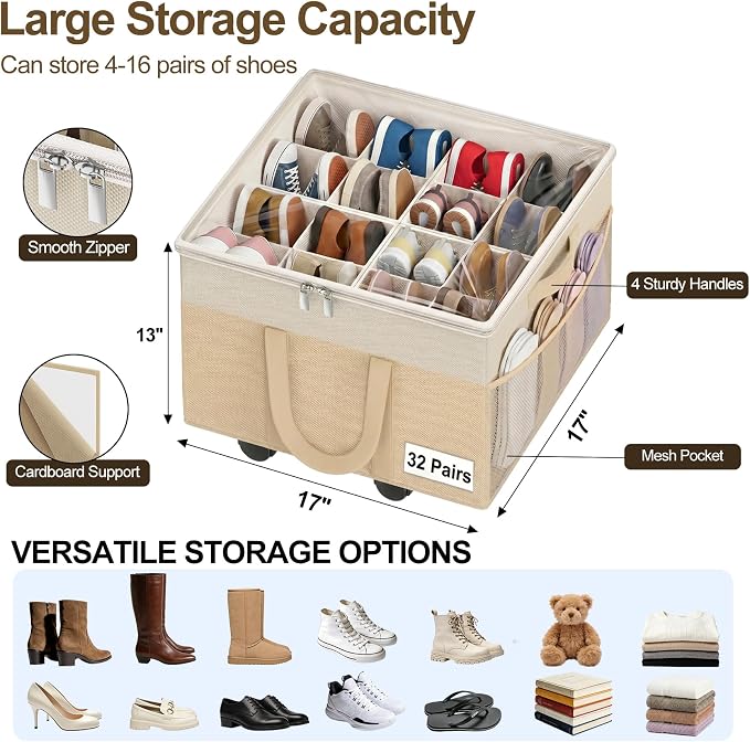 2 Pack Large Shoe Organizer for Closet, 32 Pairs Shoe Storage Box Beige - Image 4