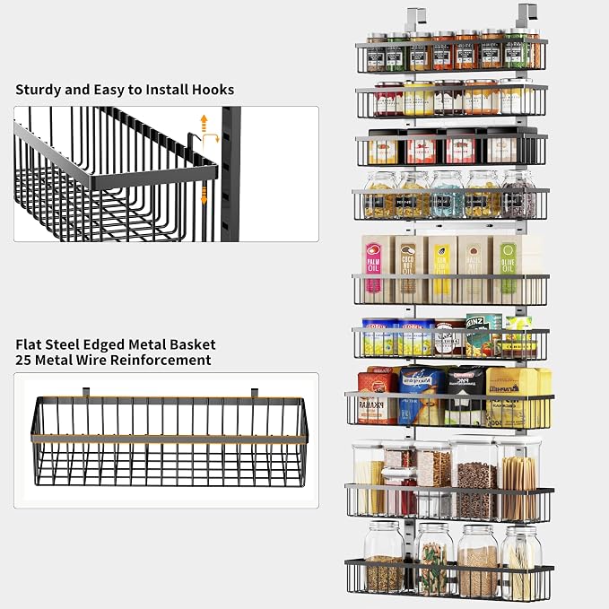 Moforoco 9-Tier Over The Door Pantry Organizer, Pantry Organization and Storage, Black Hanging Basket Wall Spice Rack Seasoning Shelves, Home & Kitchen Bedroom Bathroom House Essentials - Image 2