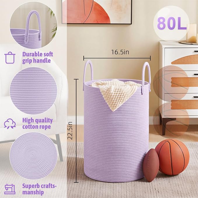 Artfeel Laundry Basket,Woven Cotton Rope Laundry Hamper,80L for Decorative Storage of Dirty Clothes,Toys and Blankets in Bathroom,Baby Room and Living Room - Image 6