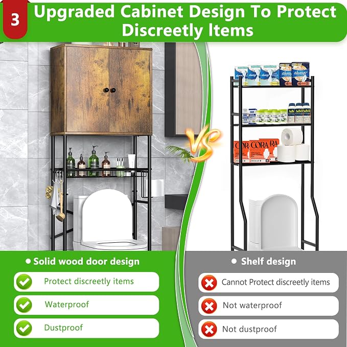 Over The Toilet Storage Cabinet - 2-Door Bathroom Organizer Shelf, Freestanding Space-Saver Toilet Rack with Privacy Protection, Water-Resistant Above Toilet Storage Cabinet for Small Bathrooms(Brown) - Image 4