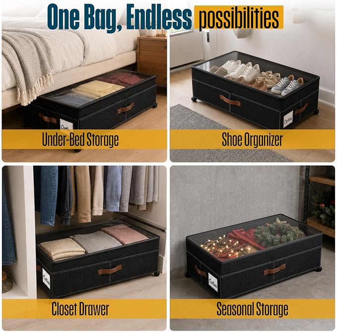 Under Bed Storage Organizer with Wheels, Rolling Under Bed Storage Containers with Clear Lid, Dual Zippers, Handles, Storage for Clothes, Shoes, Blankets, Toys,2-pcs Under Bed Drawers-Black - Image 7