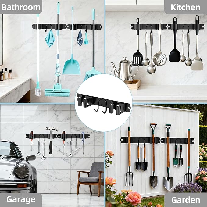 Broom Holder Wall Mount, 2-Pack Stainless Steel Mop and Broom Organizer, Broom Hanger with 2 Slots 2 Hooks for Home Kitchen, Garage, Garden and Laundry Room, Black - Image 7