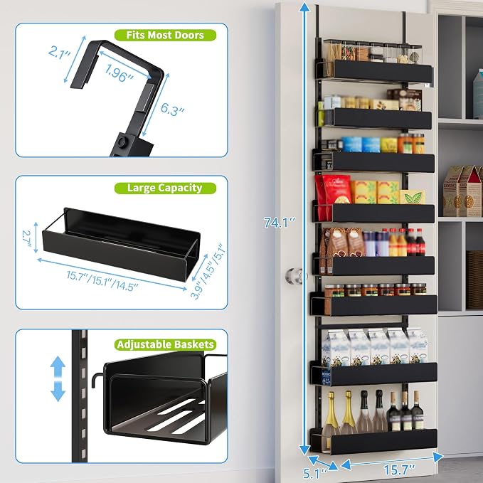 8-Tier Over Door Organizer, Sturdy Slim Hanging Spice Rack for Cabinet & Pantry, Black - Image 2