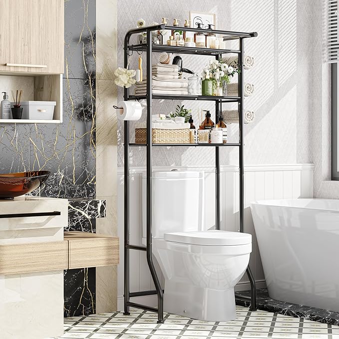 Simple Trending Over The Toilet Storage Cabinet, Metal Bathroom Shelf Organizer with Paper Holder and Hooks, 3 Tier, Black by SimpleTrending
