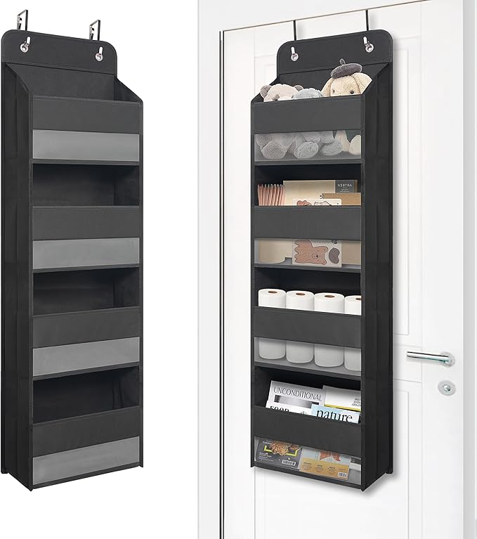 Giraffe Creation Compact Black Over Door Organizer with 4 Large Clear Pockets, Compact Hanging Door Storage for Bathroom, Dorm, Bedroom, Closet, Toiletries by Giraffe+Creation