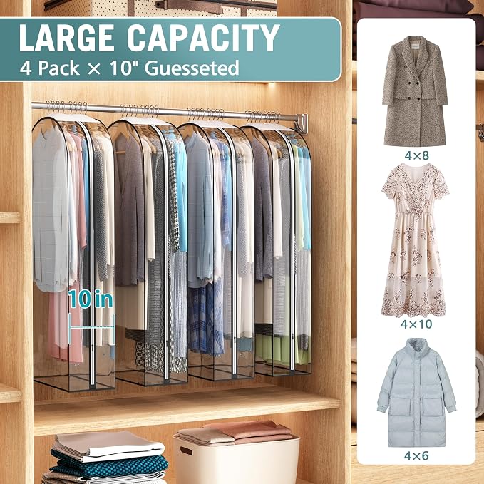 Liuoud Clear Garment Bags for Hanging Clothes 10” Gusseted, 4 Pack, 50” | Suit Bags for Closet Storage with Large Metal Zipper, Breathable odorless Hanging Plastic Clothes Cover for Coat Dress Fur - Image 2