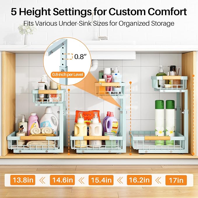 PXRACK Under Sink Organizer, Adjustable Height, 2 Tier Pull Out Under Cabinet Organizer, Slide Out Thickened Metal Under Sink Storage for Kitchen Bathroom Laundry Pantry Cabinet, Blue, Large-1-Pack - Image 5