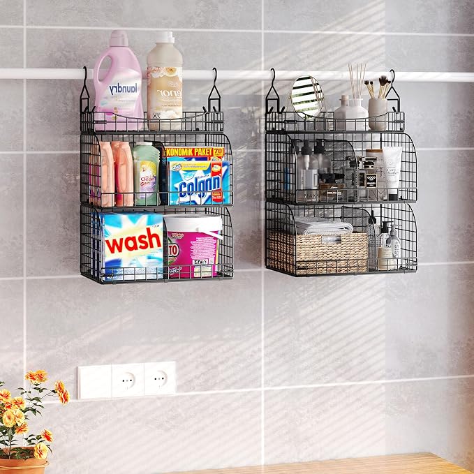 HapiRm Hanging Closet Organizer Storage - 3 Tier Metal Stackable Hanging Closet Shelves with Dividers and S Hooks, Foldable Clothes Shelves for Clothes, Pants, Shoes, Coat, Hats Clutches Accessories - Image 6