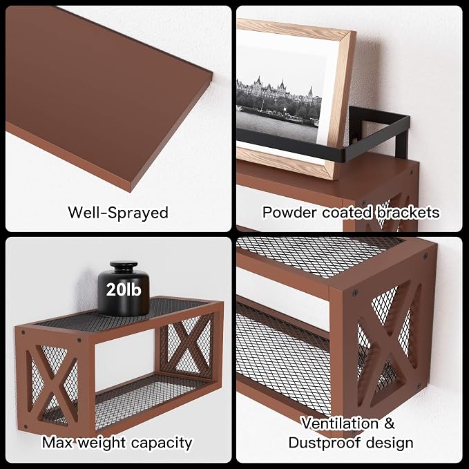 RICHER HOUSE Floating Wood Shelves with Guardrail, Rustic Brown, Wall Mounted, 2 Shelves, Farmhouse Style - Image 5