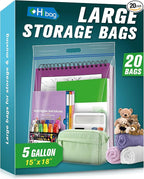 HIBAG 5 Gallon Large Storage Bags, 15” x 18” Resealable Clear Bags with Handle, Extra Large XL Heavy Duty for Clothes Pillow Travel Moving, Pack of 20 by HIBAG