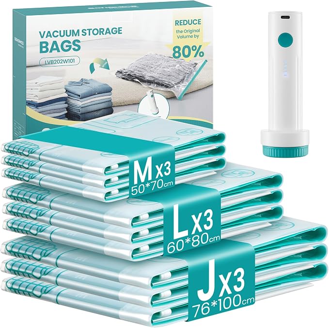 SONGMICS Vacuum Storage Bags, Rechargeable Electric Pump, 9 Pack, 3M/3L/3J by Unknown