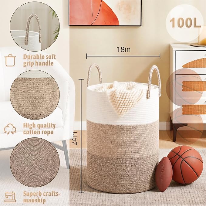 Artfeel Laundry Basket,Woven Cotton Rope Laundry Hamper,100L for Decorative Storage of Dirty Clothes,Toys and Blankets in Bathroom,Bedroom and Living Room - Image 6