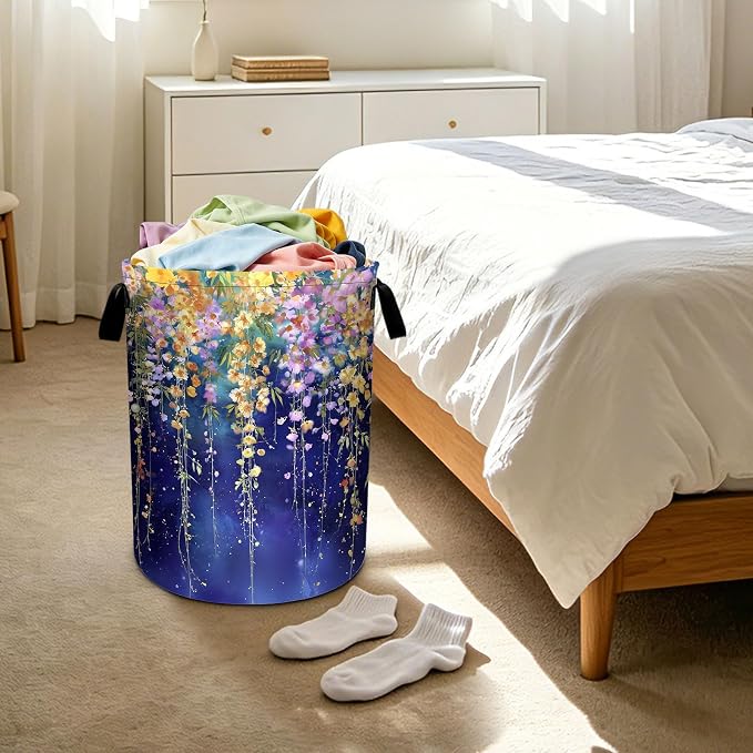 Flower Purple Laundry Basket Foldable Laundry Hamper With Handles Clothes Storage Bucket Organizer Laundry Bag For Bedroom Bathroom Laundry Storage 19.6 x 15.7 - Image 6
