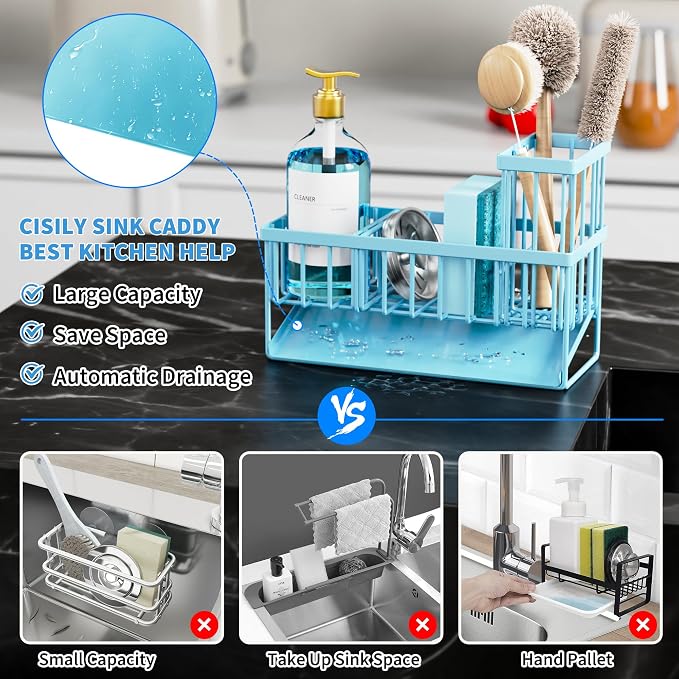 Cisily Blue Kitchen Sink Caddy Organzier with High Brush Holder, Sponge Holder for Sink, 304 Rustproof Stainless, Kitchen Countertop Soap Dispenser Organizer, Blue Home Decor and Accessories - Image 5