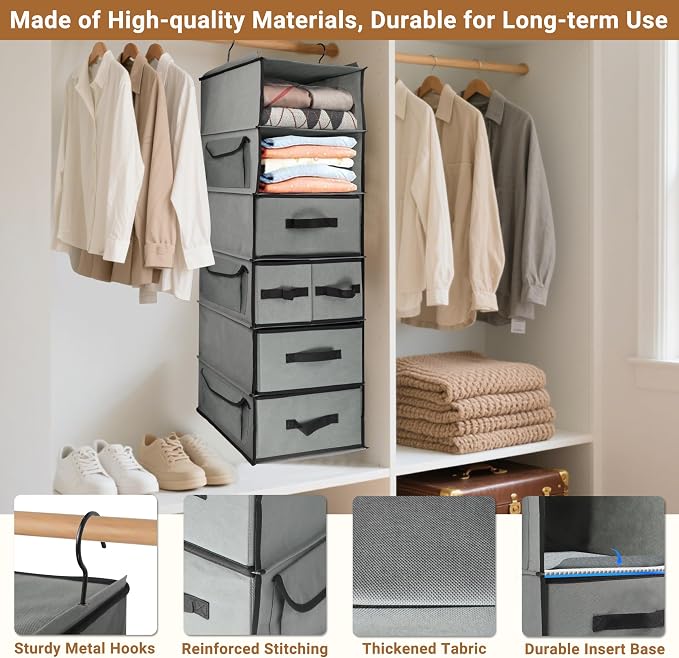 Durable 6-Tier hanging closet organizer with 5 Drawers & 3 Side Pocket,Thickened Fabric Hanging Shelves Holder with Sturdy Hook,Space-saving Storage Organization for Bedroom,Dorm,Guestroom,RV,Bathroom - Image 4