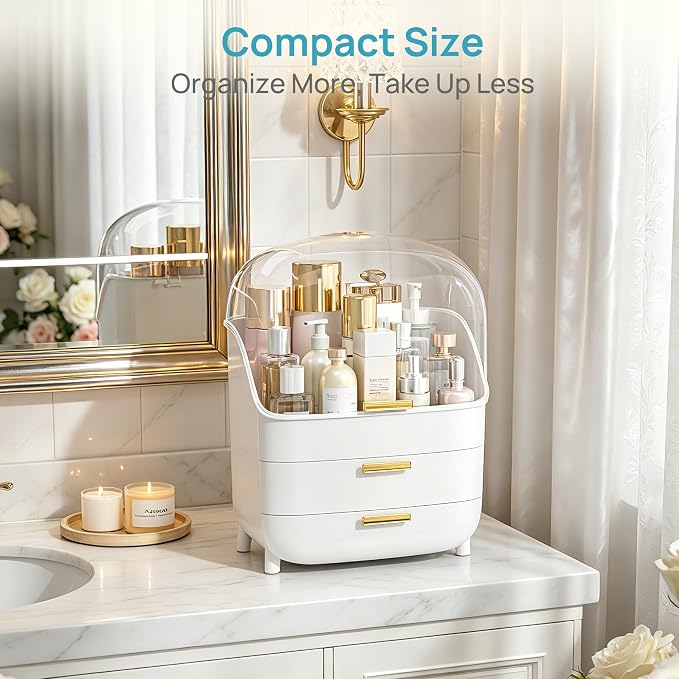 Vtopmart 3-Tier Skincare Makeup Organizer with Drawer and LId, White - Image 3