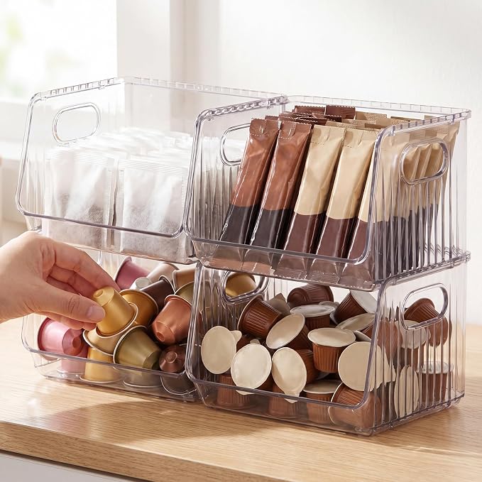 Novabright 4 Pcs Clear Plastic Storage Bins Stackable Pantry Storage Organizer Kitchen Cabinet Organizers Ideal Containers for Coffee Pod Tea Sugar Bag Office Fridge Caddy - Image 7