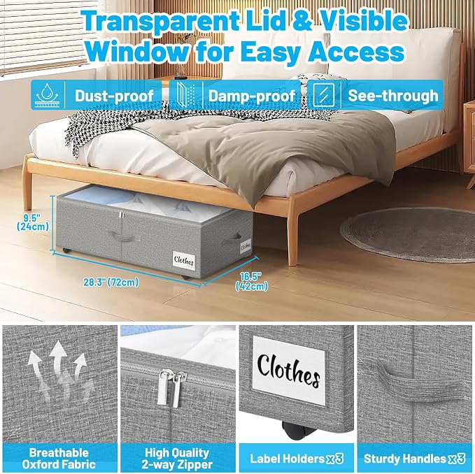 Under Bed Storage with Wheels, 4-Pack 10" Height XXL 75L Rolling Storage Bins, Quick Assembly Underbed Shoe Storage Containers with Clear Lid & Label, Dorm Under Bed Drawers for Clothes, Shoes, Grey - Image 3