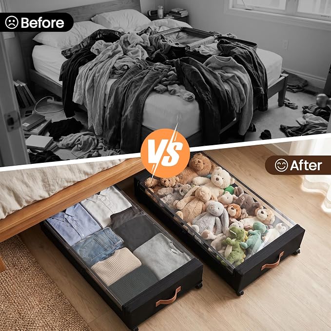 Yecaye 70L Large Under Bed Storage Containers with Wheels, 2 Pack, Black | Larger Capacity, 360° Rolling Wheels, Clear Window & Label, Sturdy Fabric, Rolling Metal Drawers for Clothes, Shoes, Blankets - Image 7