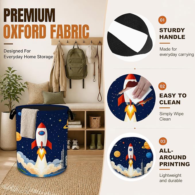 Cartoon Rocket Laundry Basket for Kids Room,Space Planets Foldable Oxford Hamper with Handles, Portable Clothes and Toy Storage Bucket Organizer for Bedroom Bathroom Dorm Laundry Room Decor - Image 3
