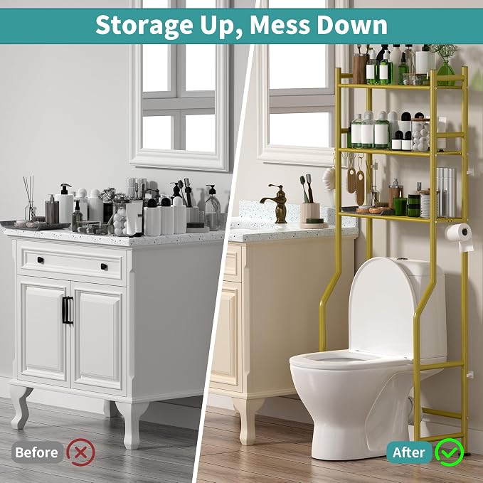 3-Tier Over Toilet Storage, Anti-Tip, 64" H, Gold - Image 6
