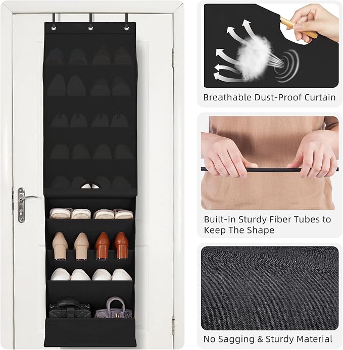 STORAGE MANIAC Over the Door Shoe Organizer with Curtain Dustproof Heavy-Duty Large Deep Pocket Hanging Shoe Organizer for Closet Dorm & Narrow Door Storage Shoe Holder Shoe Rack, 9-Shelf Black 1 Pack - Image 4