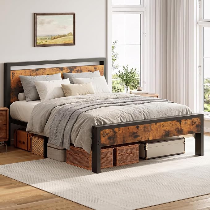 Sweetcrispy Queen 14 Inch Bed Frame with Wood Headboard, Rustic Brown by Sweetcrispy