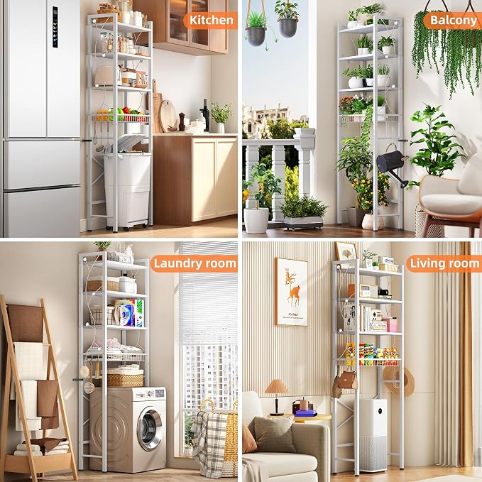Over-The-Toilet Storage Rack, 4-Tier Bathroom Organizer Shelf Over Toilet with Adjustable Shelf and Basket, Freestanding Space Saver Bathroom Shelves Above Toilet for Room (Pure White) - Image 4