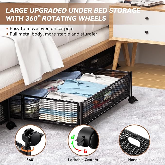 PHINOX Under Bed Storage with Wheels & Handle,Metal,Large,4 Pack,Black | Tool-free assembly, glide smoothly, easy reach, foldable, maxmazie low-profile beds, dorm, keep seasonal clothes, shoes fresh - Image 3