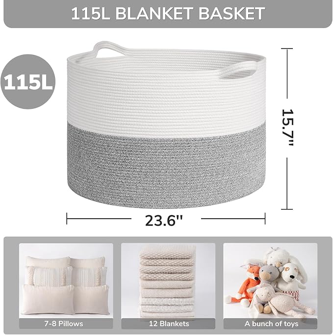 INDRESSME 115L Extra Large Woven Rope Blanket Basket Living Room Light Grey - Image 2
