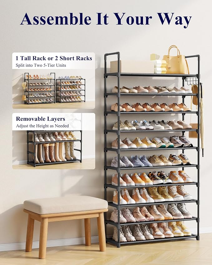 Kitsure 10 Tier Shoe Rack, Tall Shoe Organizer, 32.2" Wide, Black | Large-Capacity Shoe Storage with Hooks, Shoe Shelf for Closet, Entryway, Bedroom, Living Room, Zapateras Organizer - Image 8