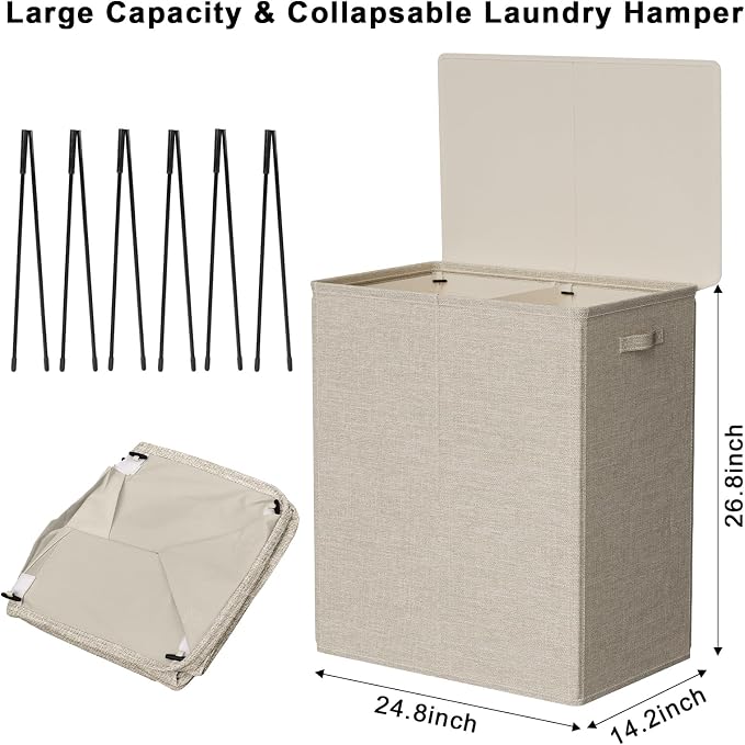 WOWLIVE 154L Double Laundry Hamper 2 Section with Lid and Removable Bags - Image 5