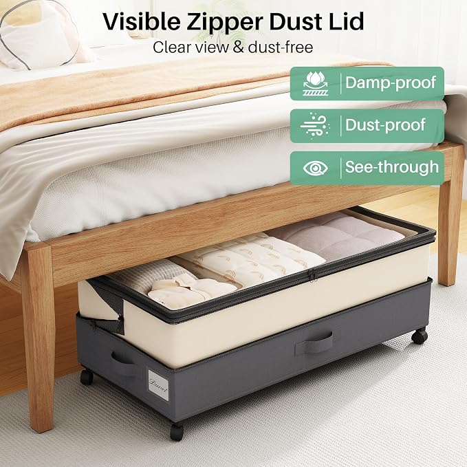 Kitstorack 2Pack Height-adjustable Under Bed Storage with Wheels, Under Bed Storage Containers,Under Bed Shoe Storage Organizer with Clear Window&Label, Suitable for Clothes Storage, Beige & Gray - Image 5