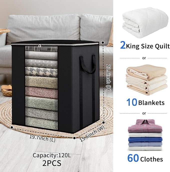 Blanket Storage Bags 120L for Comforter Clothes Bedding 2 Pack Black - Image 2