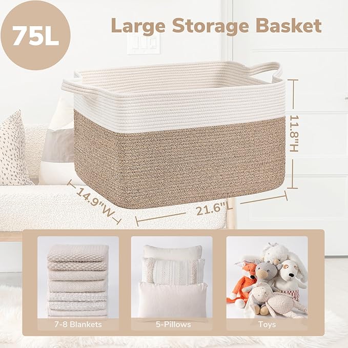 Goodpick Large Woven Rope Blanket Basket, Rectangle, White & Light Brown - Image 3