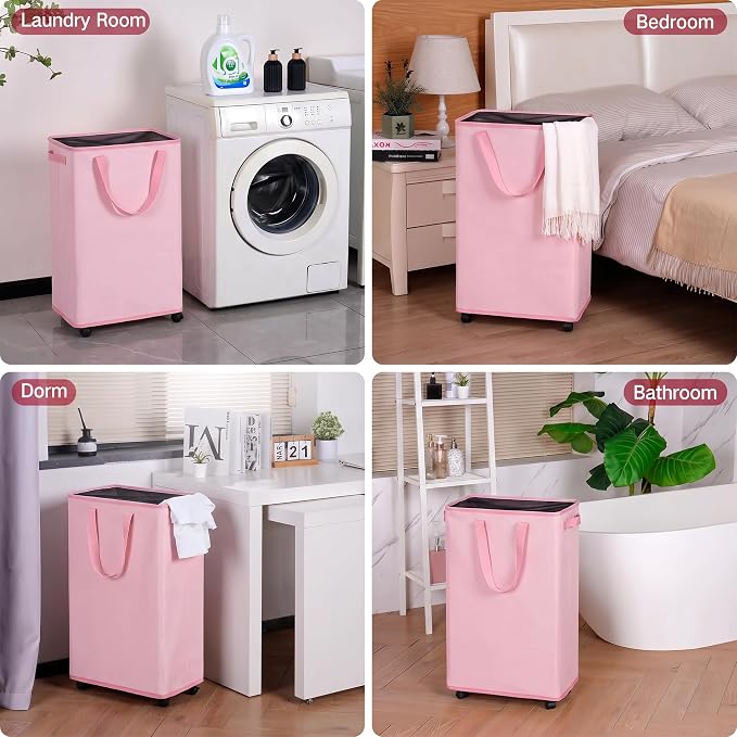 efluky Slim Laundry Hamper with Wheels, Rolling Laundry Basket for Clothes, Small Laundry Basket for Bedroom, Dorm and Laundry Room, 75L (19.8 Gallons) Pink - Image 6