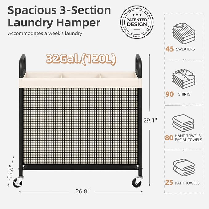 STORAGE MANIAC Rolling Laundry Hamper with Wheels 3-Section Laundry Sorter Rolling Laundrys Basket on Wheels with Removable Bag Clothes Hamper Laundrys Organizer Cart Bathroom Bedroom 120L Beige - Image 3