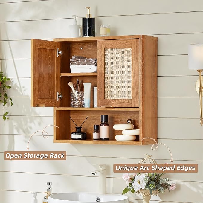 LEYAOYAO Rattan Bathroom Wall Storage Cabinet, Boho Medicine Cabinet - Image 4