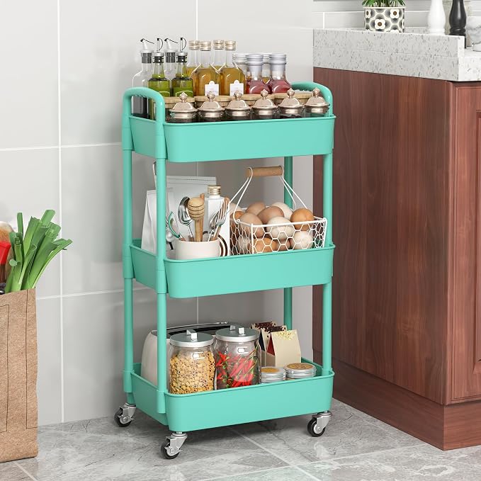 Sywhitta 3-Tier Plastic Rolling Utility Cart with Wheels for Storage, Green - Image 6