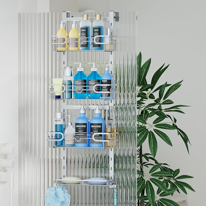 Consumest Over The Door Shower Caddy - 4 Tier Adjustable Hanging Shower Organizer Shelf with 2 Soap Holders & 22 Hooks, Rustproof Easy Installation Hanging Storage Rack for Bathroom, Silver by Consumest