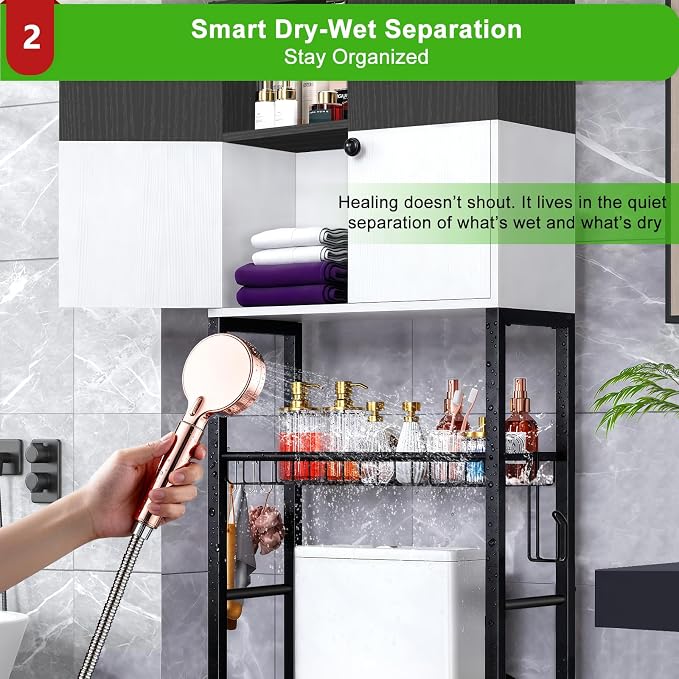 Over-The-Toilet Storage Rack, 4-Tier Bathroom Organizer Shelf Over Toilet with Barn Doors Cabinet and Basket, Freestanding Space Saver Bathroom Shelves with Paper Holder Above Toilet (Black & White) - Image 3