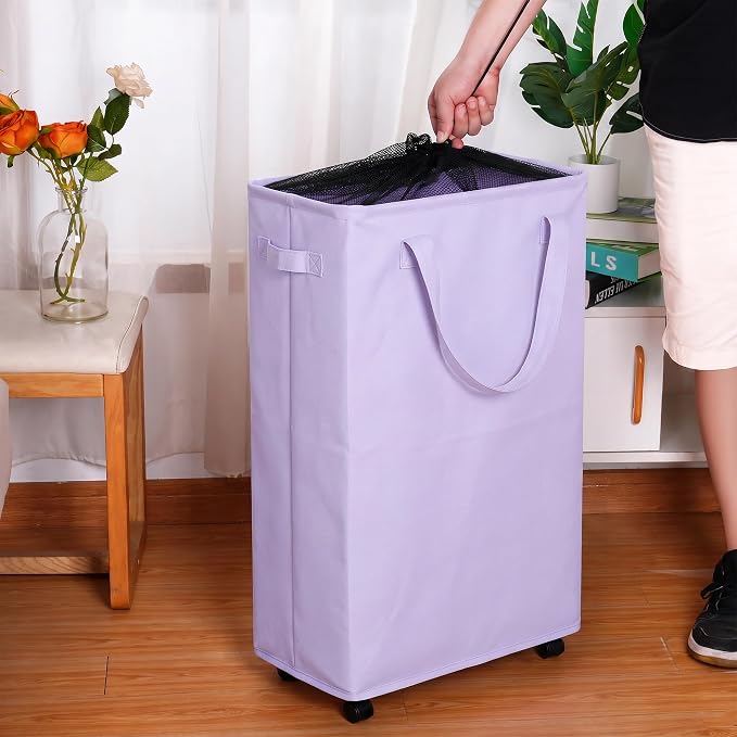 efluky Slim Laundry Hamper with Wheels, Rolling Laundry Basket for Clothes, Small Laundry Basket for Bedroom, Dorm and Laundry Room, 75L (19.8 Gallons) Purple - Image 4