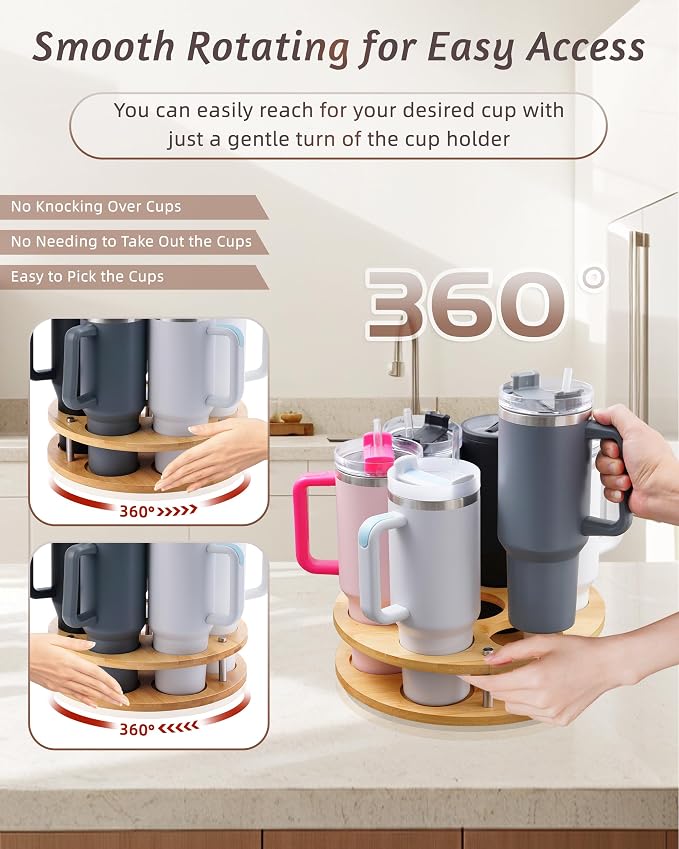 2Pack Rotating Wood Tumbler Organizer, 30 oz 40 oz Spinning Turnable Tumblers Holder, 360° Rotatable 7 Large Cups Bottle Tumbler Storage Display Stand, Rotate Syrup Organizer for Cabinet Countertop - Image 8