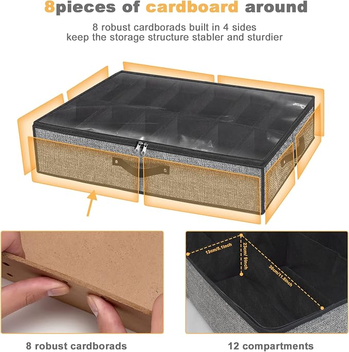 homyfort Under Bed Shoe Storage Organizer for Closet Fits 24 Pairs-Sturdy Underbed Shoe Storage Box Bins,Set of 2 (Linen-like Black) - Image 4