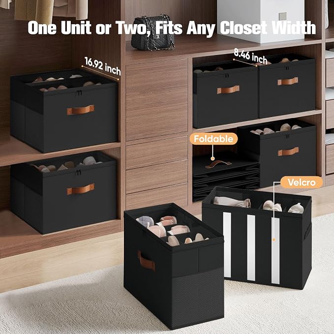 Shoe Organizer for Closet, 2-Pack Foldable Shoe Storage Box with Adjustable Dividers & Clear Cover, Fits 16 Pairs, Black, Durable and Space-Saving - Image 3